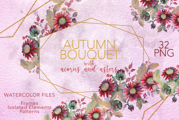 Autumn Bouquet with Acorns and Asters Watercolor Png