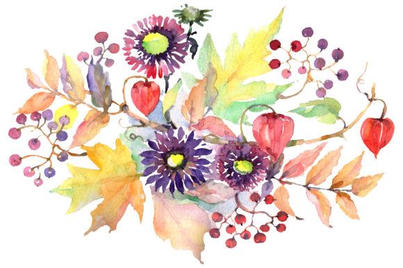 Autumn Bouquet with Asters and Physalis Watercolor