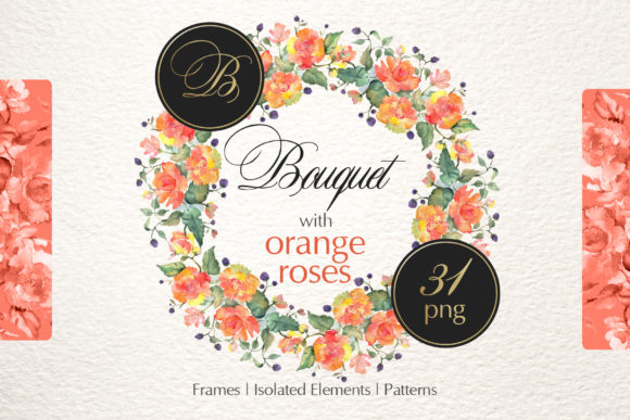 Bouquet with Orange Roses Watercolor Png