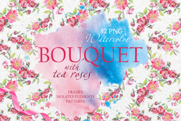 Bouquet with Tea Roses Watercolor Png and Illustrations