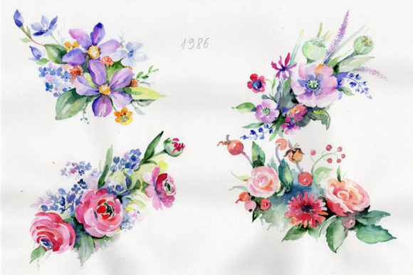 Cute Bouquet Flowers Watercolor Set Illustrations
