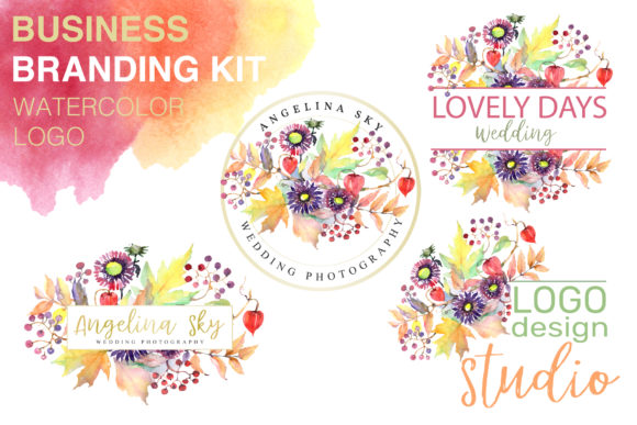 LOGO with Asters, Maple Leaves and Physalis Watercolor Illustrations