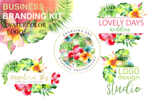 LOGO with Bright Tropical Flowers Watercolor Illustrations