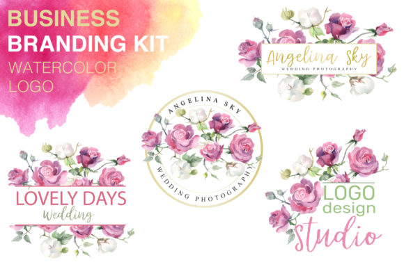 LOGO with Pink Roses and Cotton Watercolor Illustrations