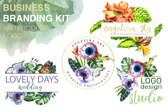 LOGO with Tropical Flowers Watercolor Illustrations