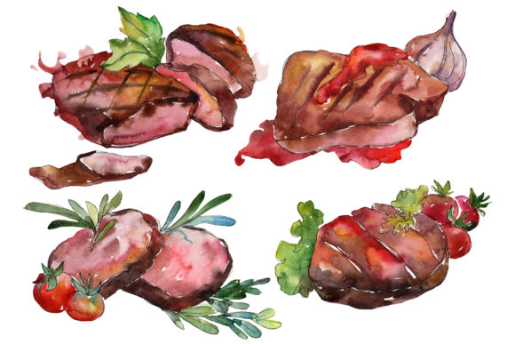 Meat Steaks Watercolor Set and Illustrations