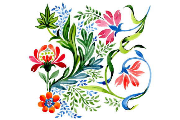 Ornament Red Flower Watercolor Set and Illustrations