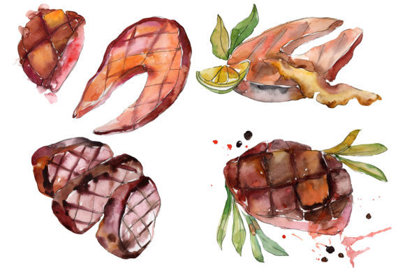 Salmon Fish Steaks Watercolor Set and Illustrations