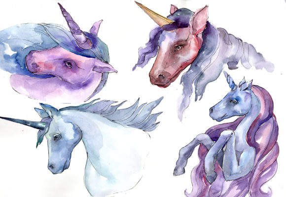 Sweet Purple Unicorn Horse Watercolor Set and Illustrations