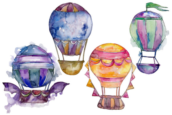 Watercolor Blue Hot Air Balloon Set and Illustrations