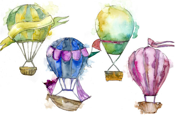 Watercolor Holiday Hot Air Balloon Set Illustrations