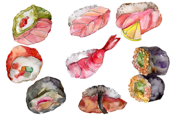 Watercolor Sushi Watercolor Set and Illustrations