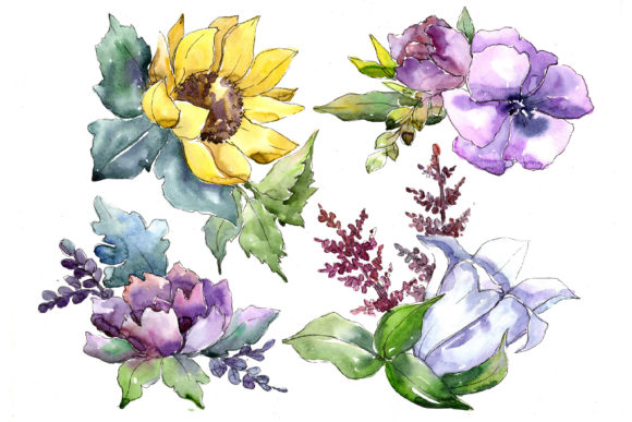 Wildflower Bouquets Watercolor Set and Illustrations