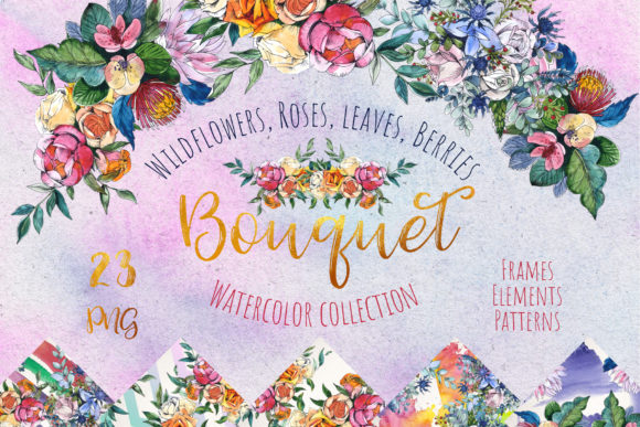 Wildflowers, Roses, Leaves, Berries, Bouquet Watercolor